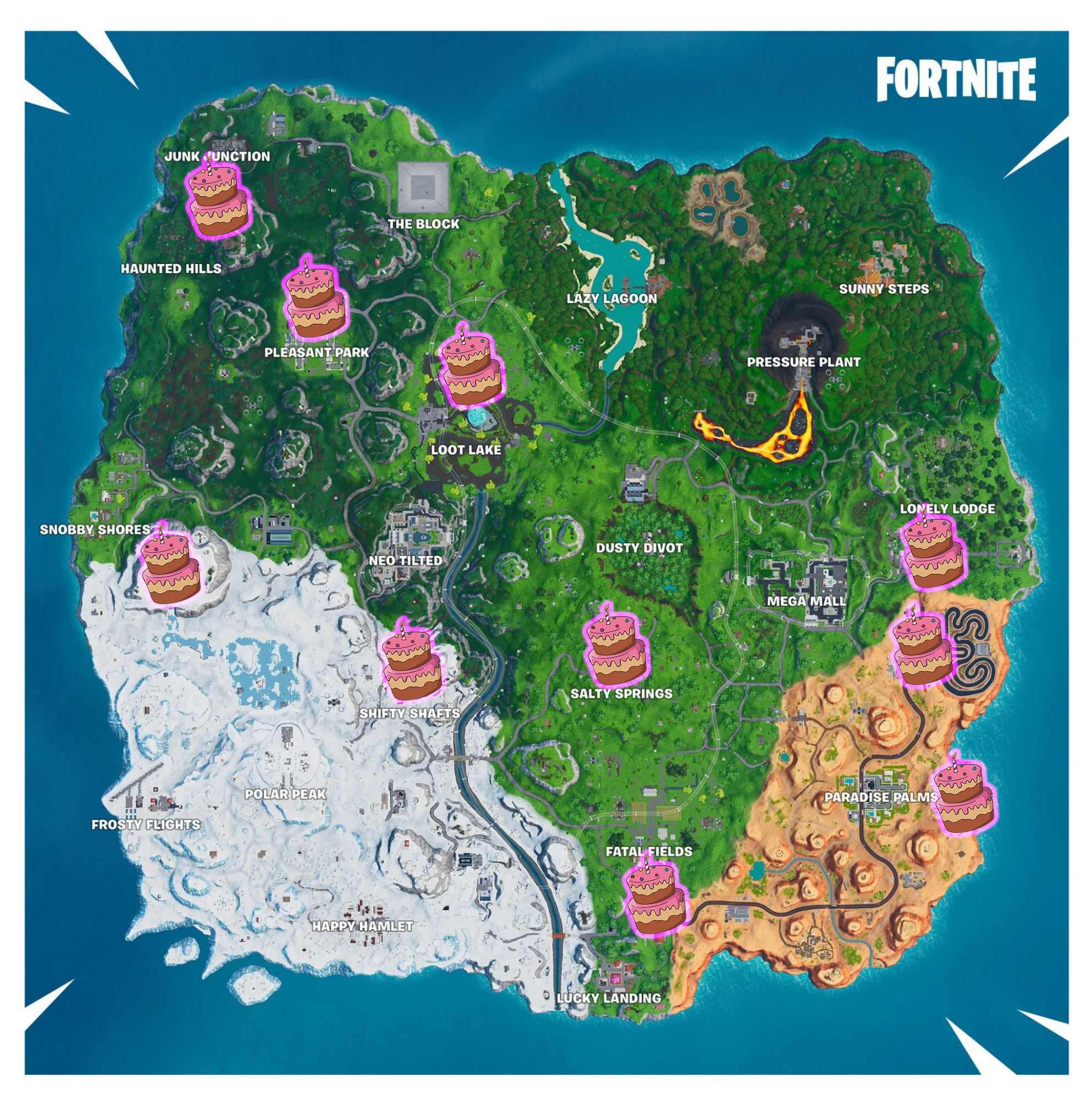 All Birthday cake locations in Fortnite Chapter 3 Season 4